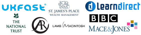 Previous Personal/Business Development Clients logos including BBC, St James Palace, UK Fast, Mace&Jones, National Trust & Lamb Macintosh
